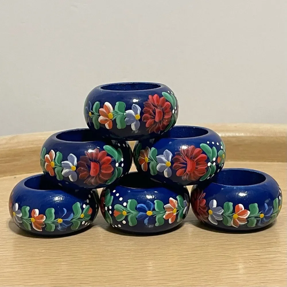 Hand-Painted Blue Floral Wood Napkin Rings Colorful Cottage Artsy Ornate 6 Set